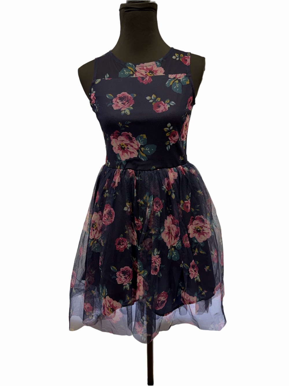 Zenzi Youth Medium Navy Pink Floral Tulle Sleeveless Party Dress Fit Flare